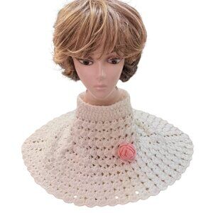 Handmade Crocheted White Girls OS Poncho Collar Cape Poncho Pink Rose Roll Neck